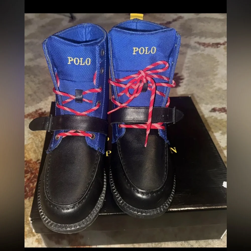 Polo Ralph Lauren RANGER HIGH II Black Leather Blue Upper Boys Size 5.5M